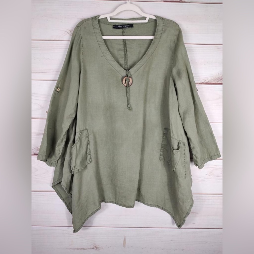 Dance In Paris S Tunic Woman’s Green Linen Ramie Fabric Asymmetrical Hem
